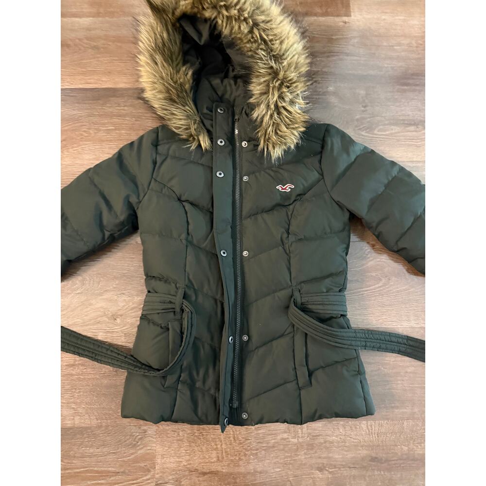Hollister Women’s Down Puffer Jacket Small Green Faux Fur Hood Winter Coat - Picture 4 of 9